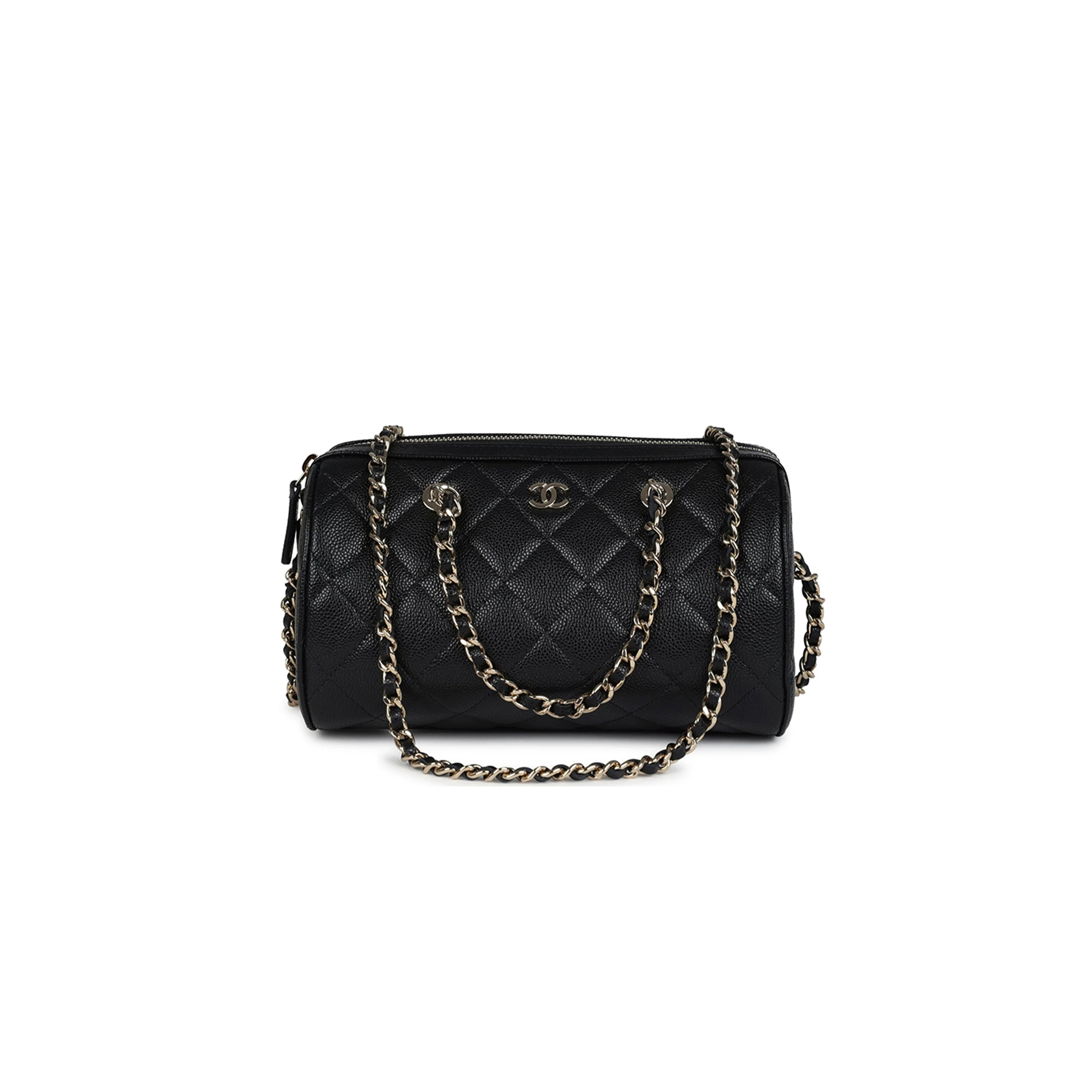 CHANEL MINI TIMELESS CLASSIC BARREL BAG WITH CHAIN BLACK SHINY CAVIAR LIGHT GOLD HARDWARE AS0932 (18*13*10cm)